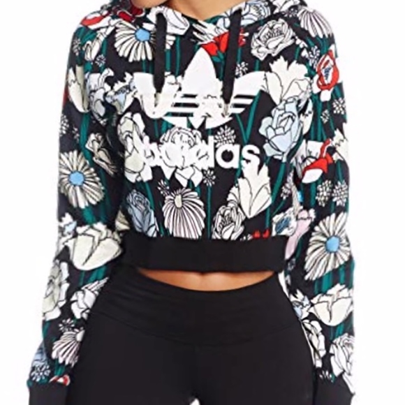 Adidas~Cropped Floral Hoodie~Black & White~Size M - Picture 2 of 5
